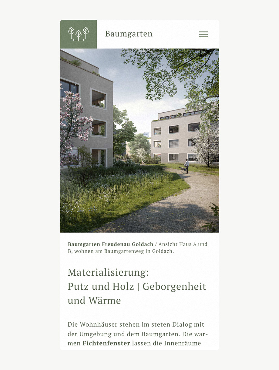 Baumgarten Goldach Mobile-Webdesign, Ansicht von Aussenvisualisierung und Text über Materialisierung.