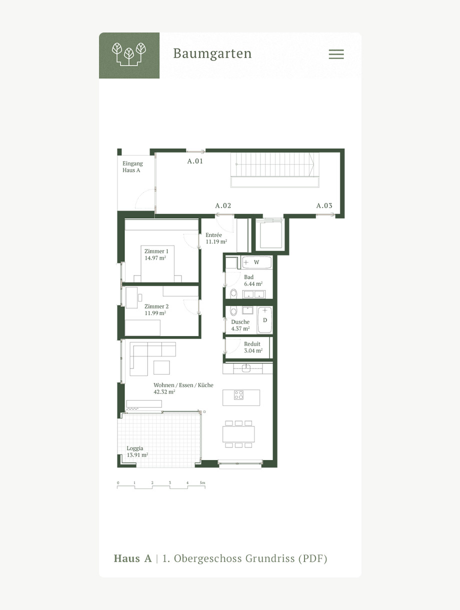 Baumgarten Goldach Mobile-Webdesign, Ansicht von Wohnüberischt und Grundriss vom Haus A im ersten Obergeschoss.