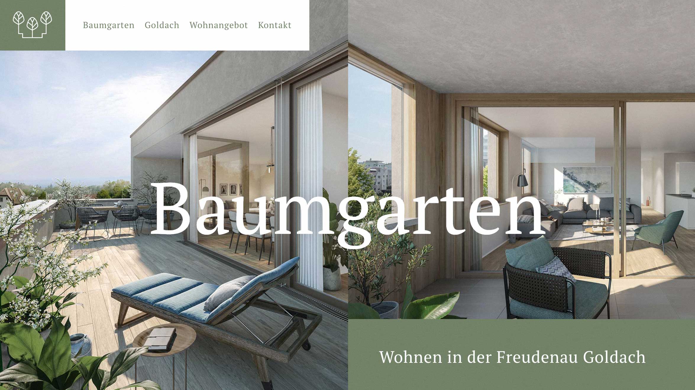 Baumgarten Goldach Webdesign, ansicht der Startseite mit Visualisierungen von Innen- und Aussenbereich, mit Logo und Typografie und dem Spruch Wohnen in der Freudenau Goldach.
