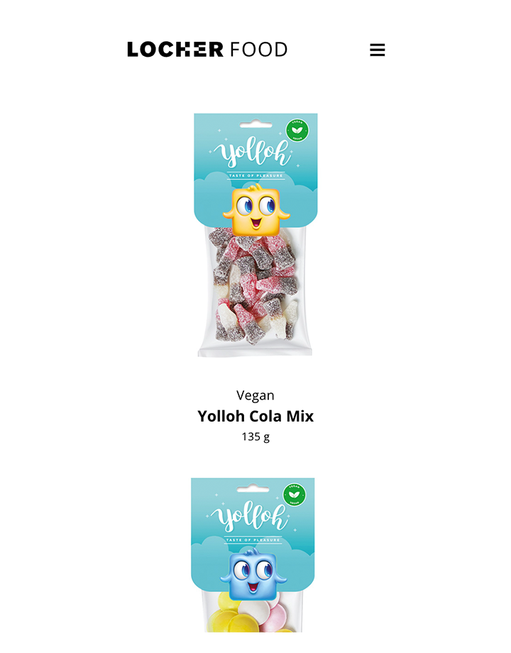 Webdesign von Locher Food, Ansicht der Mobile-Version mit Yolloh Produkten.