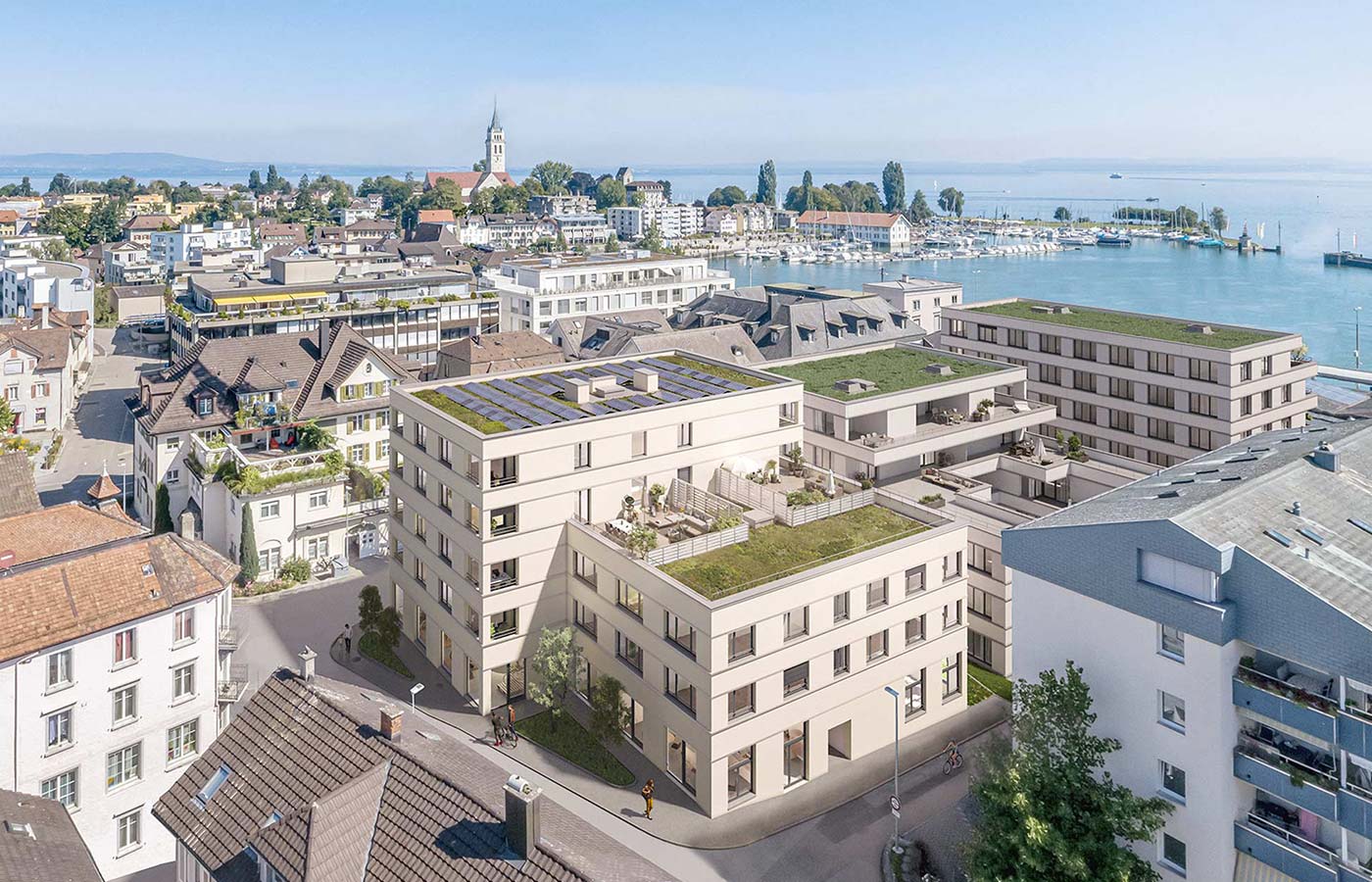 Immobilienvisualisierung vom Bauprojekt Stepcube in Romanshorn, Ansicht von Aussenvisualisierung und Bodensee.