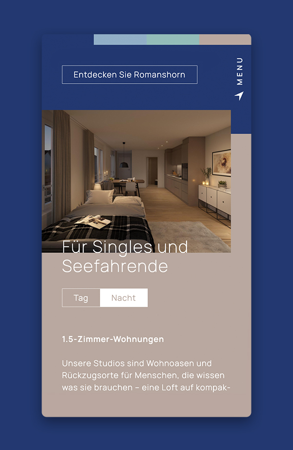 Ansicht des Webdesign der Startseite von Stepcube Romanshorn für die Immobilienvermarktung mit Blick ins Wohnzimmer für Singles und Seefahrende.